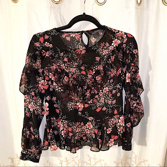 3/$20 🎉 Zara sheer black floral top with long sleeves and v-shaped ruffles, XS - Picture 4 of 5